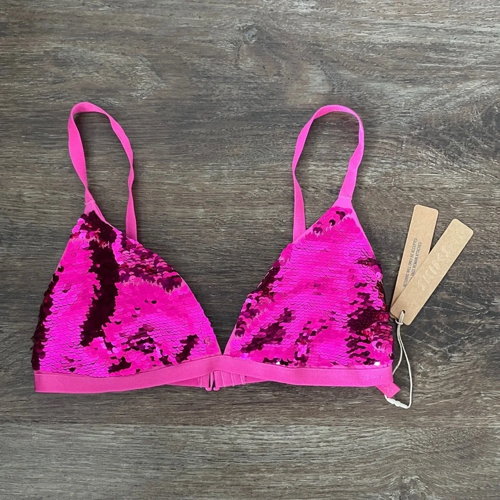 SKIMS Sequin Triangle Bralette Hot Pink Sparkle Wireless Bra Size S & 3X NWT - Picture 2 of 5
